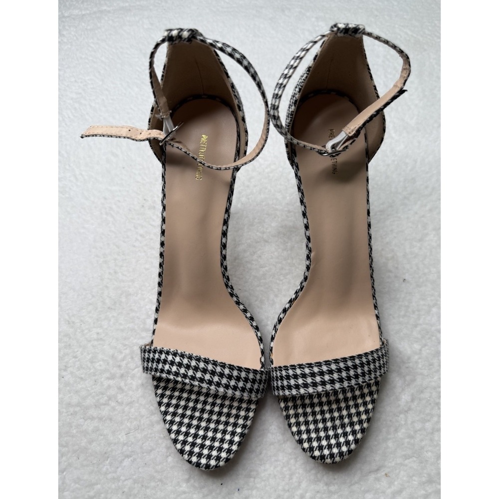PrettyLittleThing Black and White Houndstooth Ankle Strap Heels